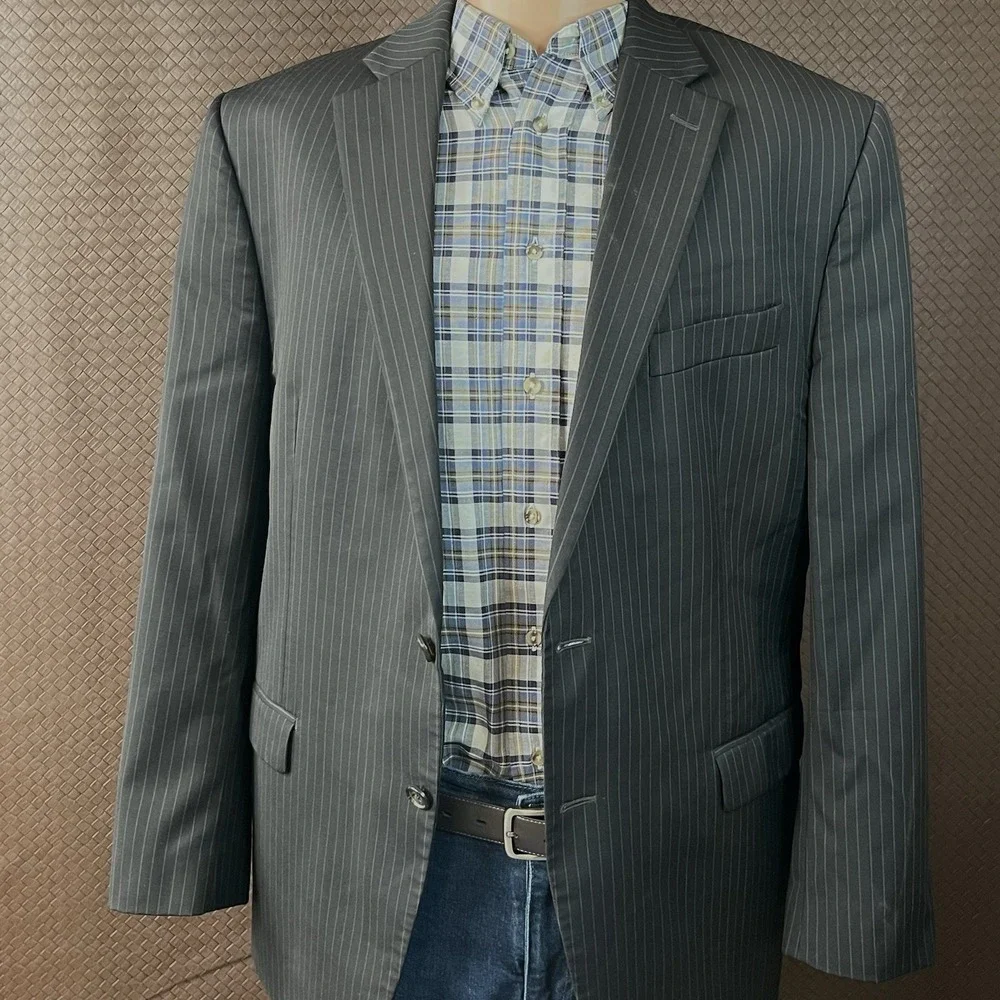 RALPH LAUREN Blazer Black w/ Gray Pinstripes 2-Button Wool Suit Jacket Men's 42R